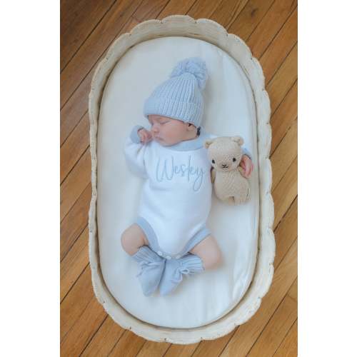 Personalized Baby Romper - Flat Knit, Dusty Blue Trim | Organic Cotton – Sweet June