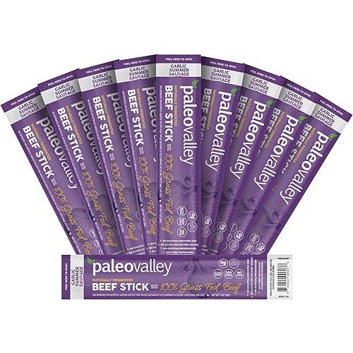 Paleovalley 100% Grass Fed Garlic Summer Sausage Beef Sticks - Delicious Gluten Free Beef Snack - High Protein Keto Friendly