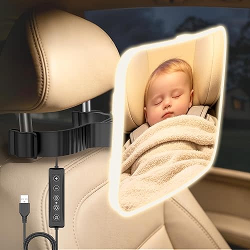 Baby Car Mirror with LED Light, Rear Facing Secure Baby Car Seat Mirror with 360° Rotation Hook Clip Design Backseat, Safely Wide Clear View Shatterproof/Shakeproof