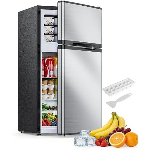 Electactic 2.5 Cu.Ft Mini Fridge with Freezer, Double-Door Compact Refrigerator, Adjustable Glass Shelves, Mechanical Thermostat & Leveling Feet, Space-Saving for Apartment/Dorm/Office, Silver