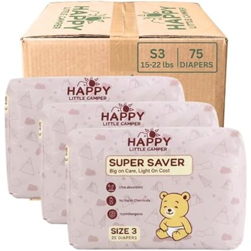 Happy Little Camper Diapers, Size 3, 75 Ct, Totally Chlorine Free (TCF) | Soft, Secure & Absorbent with Up to 12-Hour Leak Protection for Day & Night