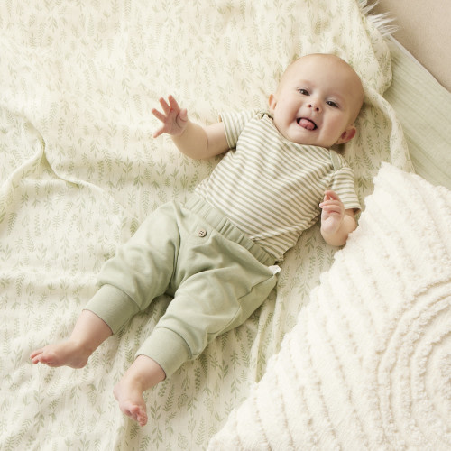 Tiny Kind Printed Short Sleeve Organic Cotton Bodysuit - Sage Painted Stripe, 3-6M