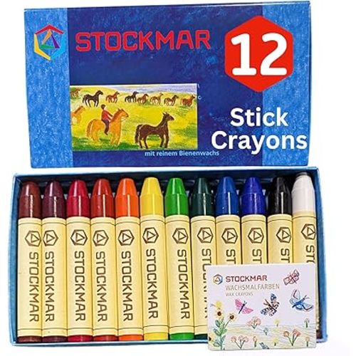 STOCKMAR Beeswax Stick Crayons, Set of 12 Assorted Colors in a Sturdy Storage Box – Break-Resistant Wax Art Crayons with Natural Beeswax, Rich Pigments & Smooth Color Application, Made in Germany