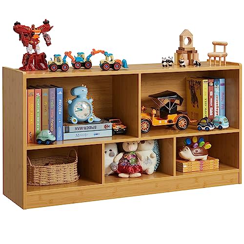 TOYMATE Toy Organizers and Storage, 5-Section Kids Bookshelf for Organizing Books Toys, School Classroom Wooden Storage Cabinet for Children's Room, Playroom, Nursery (Natural)