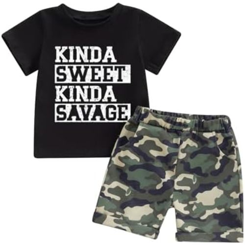 wdehow Toddler Kids Baby Boy Summer Clothes Sets 1T 2T 3T 4T 5T Letter Print Short Sleeve Tops Camouflage Shorts Outfits