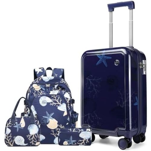 Somago 4 Piece Kid's Luggage with Backpack Set for Boys Girls Spinner 18" Hardside PC Rolling Carry on Suitcase with TSA Lock (Seashell Navy)