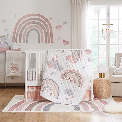 Levtex Baby - Over The Rainbow 4-Piece Baby Bed Set - Pink, Grey, Taupe, Tan and Coral - Includes Reversible Quilt, Rainbow Fitted Sheet, Pink Fitted Sheet, Wall Bed Skirt