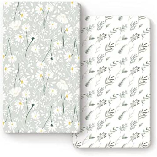Stretchy Ultra Soft Jersey Knit Fitted Crib Sheets Set 2 Pack, Fit All Standard Crib Mattress Pads, Breathable Crib Sheet for Girls, Watercolor Daisy Flowers