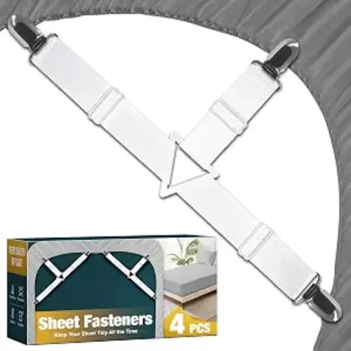 4 Pack Adjustable Elastic Straps with Metal Clips, Bed Sheet Fasteners, Bedding Suspenders for Mattress Covers, Bed Corner Holders and Keepers (White)