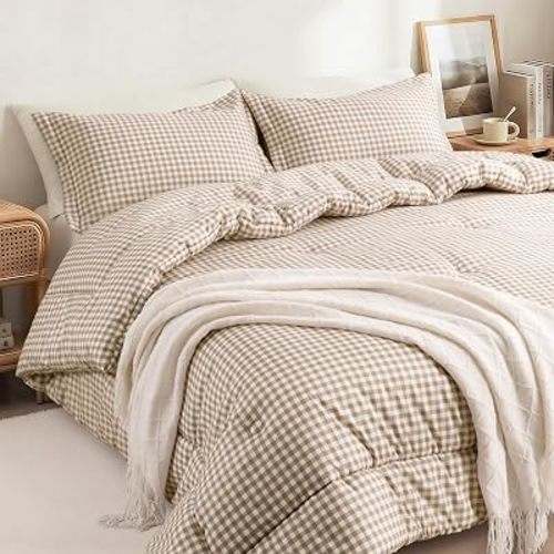 Full Comforter Set, Fluffy Tan Gingham Plaid Bedding, 3 Pieces