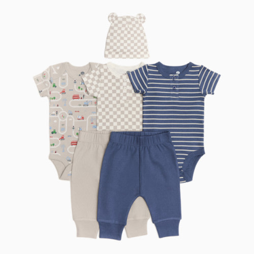 Organic Cotton Bodysuit, Pant & Hat Set (6 Piece) - Construction, Stripe, Check