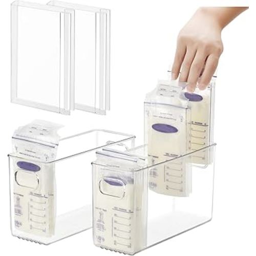 Breastmilk Storage Container with Freezer Flattener Kit to Flatten Standing Breast Milk Bags in Organizer Bins Save Refrigerator Space(2 Pack)