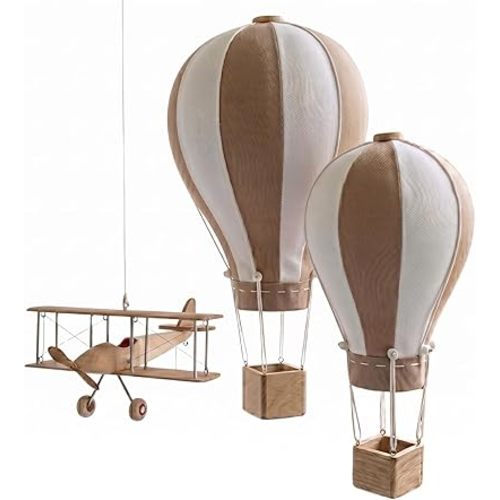 Hot Air Balloon & Wooden Airplane Aviation Travel Nursery Decor Set of 3, Beige Cream