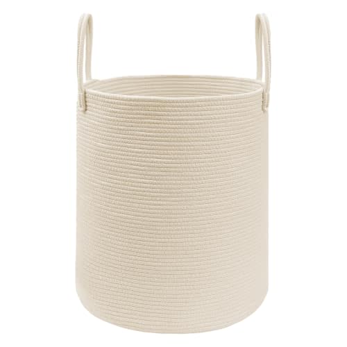JMvicyroam 60L Cotton Rope Laundry Basket Hamper, Beige | Folds to About 4 in, Freestanding Once Reshaped, Reinforced Handles, Machine Washable, Holds 3-5 Thick Blankets