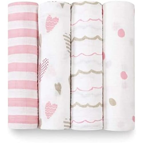 aden + anais Boutique Muslin Swaddle Blanket for Baby Girls and Boys, Newborn Receiving Blanket for Swaddling, 100% Muslin Cotton Swaddle Wrap, 4 Pack, Heart Breaker
