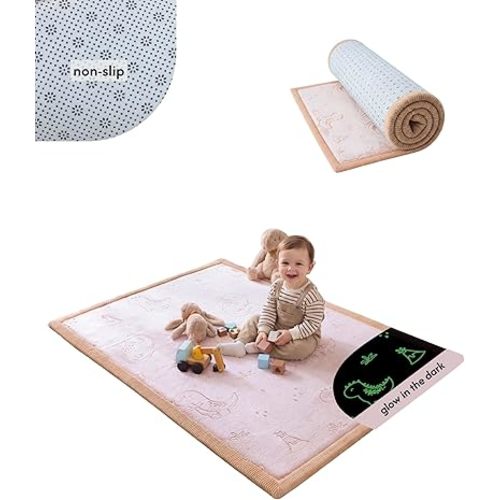 Hakuna Matte GlowCloud Baby Play Mat for Floor 47”x 67” Dinosaurs – Coral Velvet Memory Foam Rug for Crawling & Cozy Play – Non-Slip, Water-Resistant, Easy-Care Tummy Time Mat, Playmat for Playpen