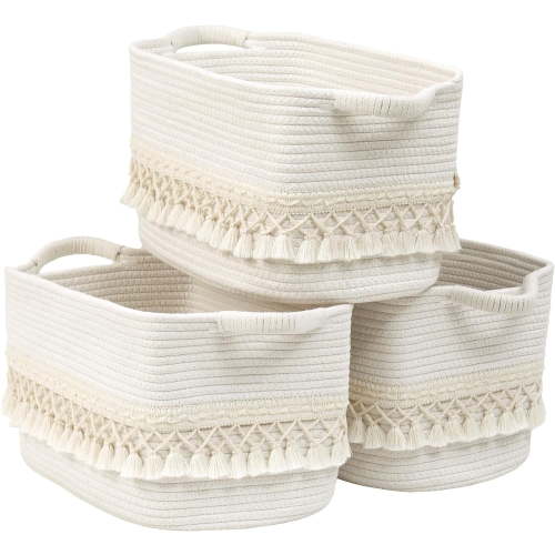 Natubeau 3 Pack Storage Basket for Shelve, Boho Cotton Rope Storage Bins with Heavy Tassel, Shelf Baskets Large Woven Baskets for Organizing, Cube Organizer Bins, White