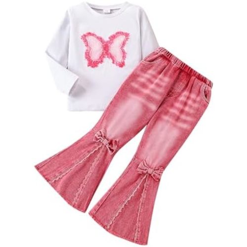 Toddler Girl Clothes Long Sleeve Cartoon & Letter Graphic Top + Fruit Stationery Print Flared Leg Pants