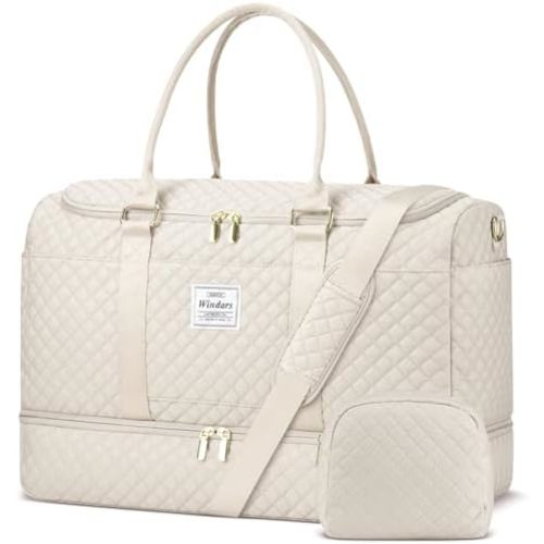 WINDARS Travel Duffle Bag, Weekender Bags for Women with Shoe Compartment, Overnight Bag with Toiletry Bag, Carry On Duffel Bags For Airplanes, Yoga Gym Duffel Bag, Beige