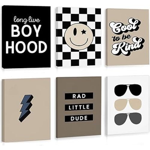 Framed Baby Boy Nursery Wall Art Prints Toddler Boy Room Decor Black Checkered Smiley Preppy Lightning Canvas Poster Retro Long Live Boyhood Artwork Rad Little Dud Art Prints for Boy Teen Bedroom Decor,Set of 6,8x10 inches.