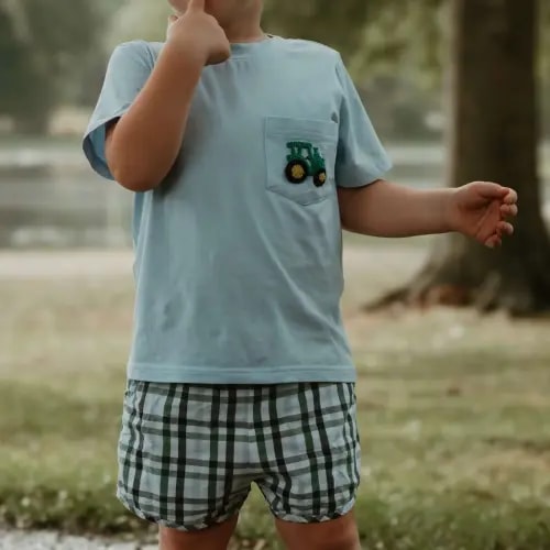 Tractor T-Shirt Set- French Knot Tractor- Shirt and Shorts