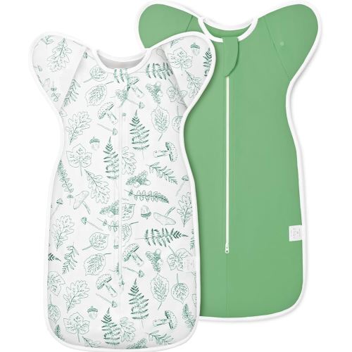 2-Pack Newborn Swaddle Sleep Sack - Baby Transitional Swaddle Sack 0-3 Months, Arms Up Swaddles with Cuff Removable Design, Green Leaves, 100% Cotton Newborn Sacks