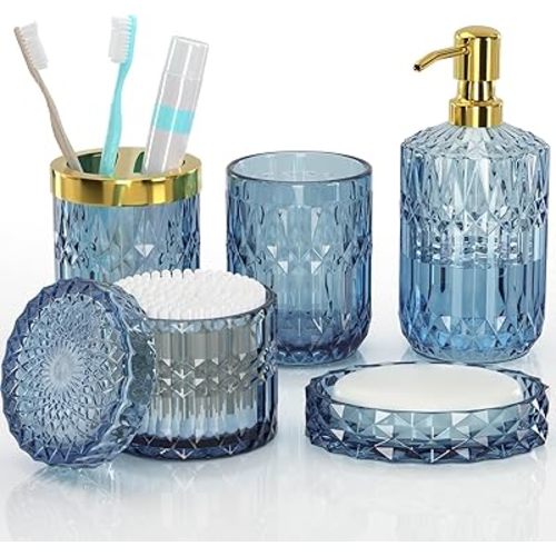 Blue Bathroom Accessories 5 Pcs, Glass Bathroom Accessory Set, Vintage Blue Bathroom Set, Soap Dispenser and Toothbrush Holder Set, Qtip Holder, Bathroom Sets Complete, Modern Bathroom Decor