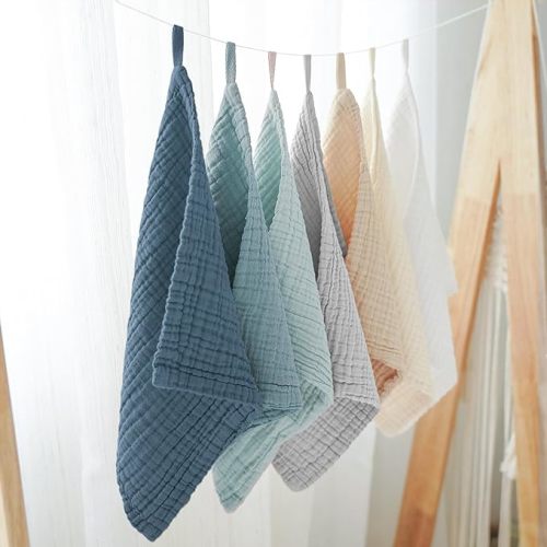 Konssy 7 Pack Muslin Baby Washcloths, Burp Cloths & Wash Cloths for Babies | 11 x 11 In, 100% Cotton, Ultra-Soft & Absorbent, Machine Washable, Baby Bath Towels for Newborns, Girls & Boys (Blue)