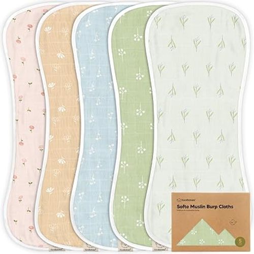 5-Pack Muslin Burp Cloths Baby Boy, Girl - Very Absorbent Baby Burp Cloth Rags, 8-Layers Viscose Derived from Bamboo Cotton Muslin Towel, Super Soft Spit Up Rags, No Shrink Washcloths (Wild Bloom)
