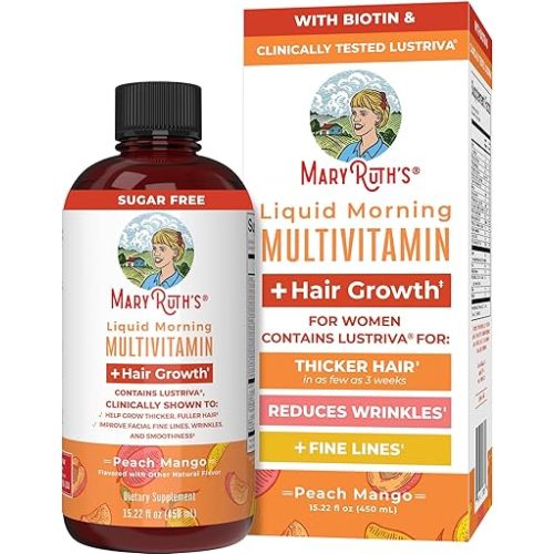 MaryRuth Organics Liquid Multivitamin Lustriva® Hair Growth for Women| Biotin 10000mcg | Vitamin D, B |Clinically Tested for Thicker Hair, Wrinkles, Fine Lines, Skin Care| Ages 18 | 15.22 Fl Oz