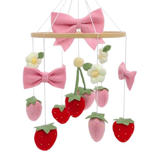 Gueiddi Strawberry Mobile for Crib Handmade Felt Bow Nursery Decor Crib Mobile Bow Strawberry for Bassinet Baby Shower Newborn Baby Gift (Bow Strawberry)