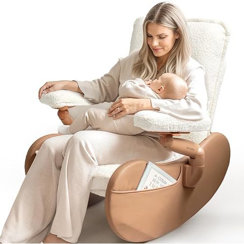 MAMAZING Lullabud Nursery Rocking Chair with Adjustable Armrests for Living Room, Upholstered Nursing Chair with Removable Cover for Breastfeeding(Brown/Beige)
