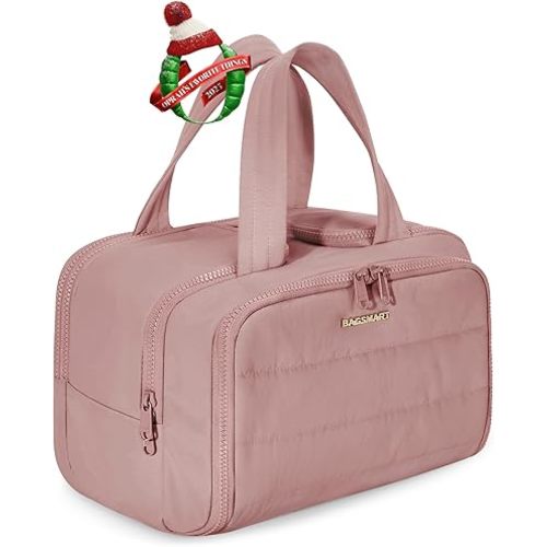 BAGSMART Travel Toiletry Bag, Lightweight Large Wide-open Travel Bag for Women, Puffy Cosmetic Makeup Bag Organizer with Handle for Accessories,Essentials, Toiletries, Dark Pink