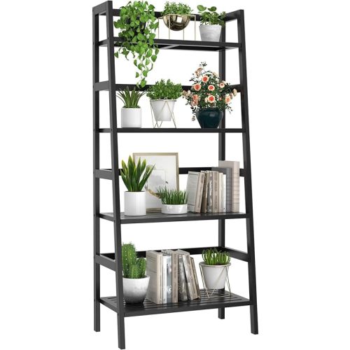 Homykic Bamboo Bookshelf 4-Tier Ladder Shelf, 49.2” Freestanding Open Bookcase Book Shelf Bathroom Storage Shelf Unit Plant Stand for Small Space, Living Room, Bedroom, Home Office, Black