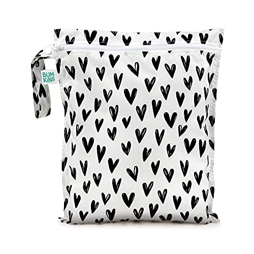Bumkins Waterproof Wet Bag, Washable, Reusable for Travel, Beach, Pool, Stroller, Diapers, Dirty Gym Clothes, Wet Swimsuits, Toiletries, 12x14 – Black Hearts