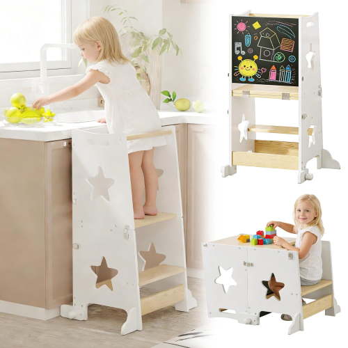 3-in-1 Toddler Kitchen Step Stool with Chalkboard, Foldable Convertible Learning Standing Tower Helper Table and Chair Set, White Natural