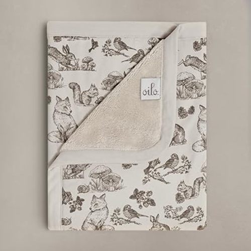 Oilo Baby Blanket, Luxury Plush Chenille Backing & Organic Cotton Jersey Print, Double Layered, 30" x 40", Rolled Jersey Edge Trim, Infant & Toddler Size, Heirloom Organic Collection, Woodland Animals