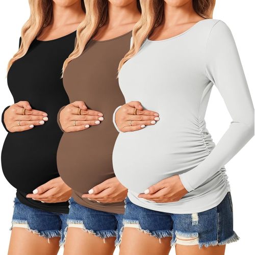 Ekouaer 3/4 Pack Womens Maternity Shirts Long Sleeve Pregnancy Tops