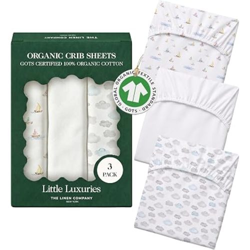 100% Organic Cotton Baby Crib Sheets (3-Pack) – GOTS Certified, Soft Fitted Sheets for Mini Mattress & Pack n Play, 5" Deep Pocket with Secure Elastic Fit, Boys & Girls, 28" x 55" (Watercolors)
