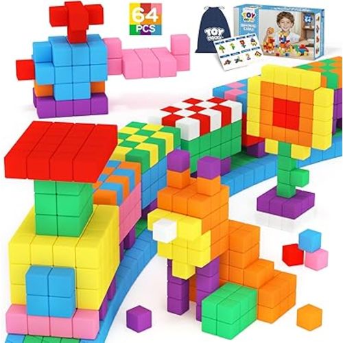 64PCS Magnetic Blocks, Magnetic Building Blocks for Kids Ages 3 4 5 6 Year Old, Magnet Cubes, Autism Montessori Toys, Preschool STEM Educational Sensory Magnet Toys Gifts for Kids 3-5 4-8