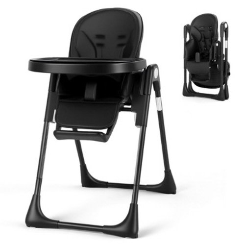 TODECARE Foldable High Chair with Soft Cushion, Height Adjustable Toddler Eating Chair with Detachable Double Trays, Black