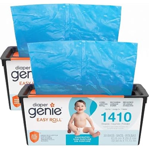 Diaper Genie Easy Roll Refill, 30 Bags Per Refill, Holds Up to 1410 Newborn Diapers| Odor Control| Diaper Pail-Bags, Fits-Genie Signature & Platinum Pails, (Pack of 2)