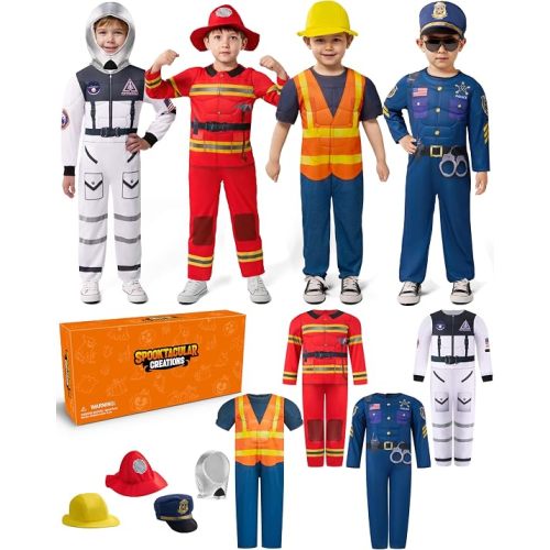 Spooktacular Creations Boys DressUp Costumes, 8In1 Career RolePlay Set-Astronaut/Police Muscle Costumes for Hallow Xmas Gifts