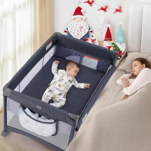 Dripex Pack and Play, 5 in 1 Baby Bassinet Bedside Sleeper, Baby Bedside Crib with Mattress, Changing Table, Removable Rocker, Foldable Playard for Newborn to Toddlers, Portable Playpen, Dark Grey