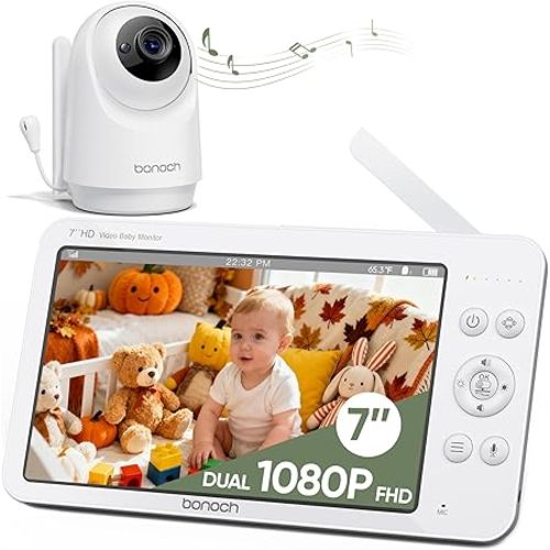 bonoch 7" Baby Monitor No WiFi, Upgraded 1080P HD MegaView Video Monitor with Camera and Audio, 6000mAh Battery, VOX Mode, Night Vision, Hack Proof, Remote PTZ, White Noise, Gifts for Parents