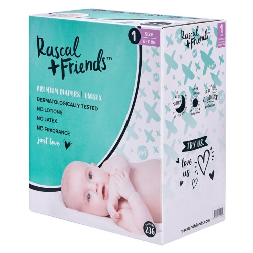 Rascal + Friends Premium Diapers,- Size 1, 236 Count - Rascal + Friends Premium Diapers,- Size 1, 236 Count