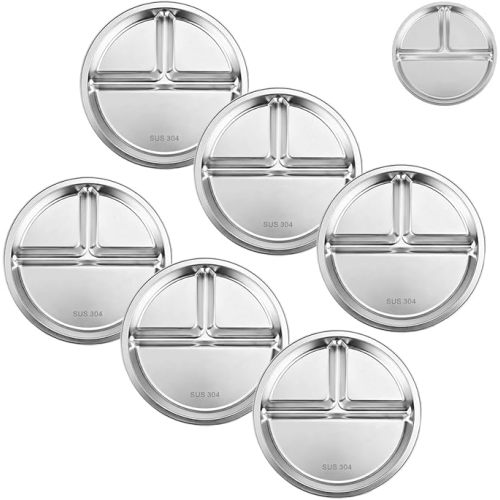 PandaEar Stainless Steel Divided Plates for Kids, 8.1” Portion Control Plates with 3 Compartments, Reusable Metal Dishes for Balanced Meals, Camping & Home Use (6, Silver)