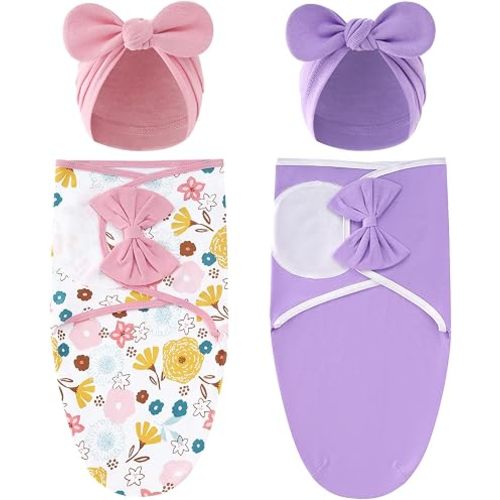 Cinaci 2 Pack Adjustable Soft Cotton Blend Newborn Baby Receiving Swaddle Blankets Sleep Sacks with Big Bow Hats Caps Beanies Bonnets for Baby Girls Newborns Infants (Floral Pink+Purple)