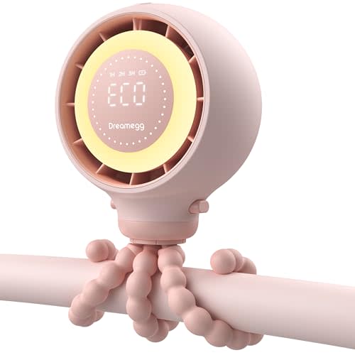 Dreamegg Portable Stroller Fan - 4000mAh Rechargeable Baby Stroller Fan With LED Display, Night Light, Hidden Blade, Detachable 4 Speed 360°Rotate, Handheld Cooling for Crib,Travel, Car Seat(Pink)