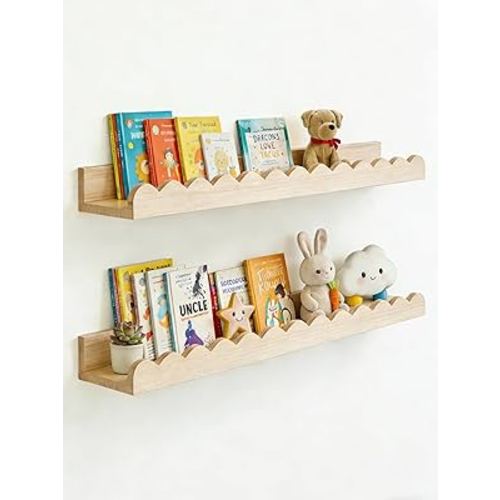 Scalloped Shelves for Nursery - Wall Book Shelves for Kids Room, Nursery Bookshelf for Wall Set of 2, Floating Book Shelves Wood, 20 Inches, Large